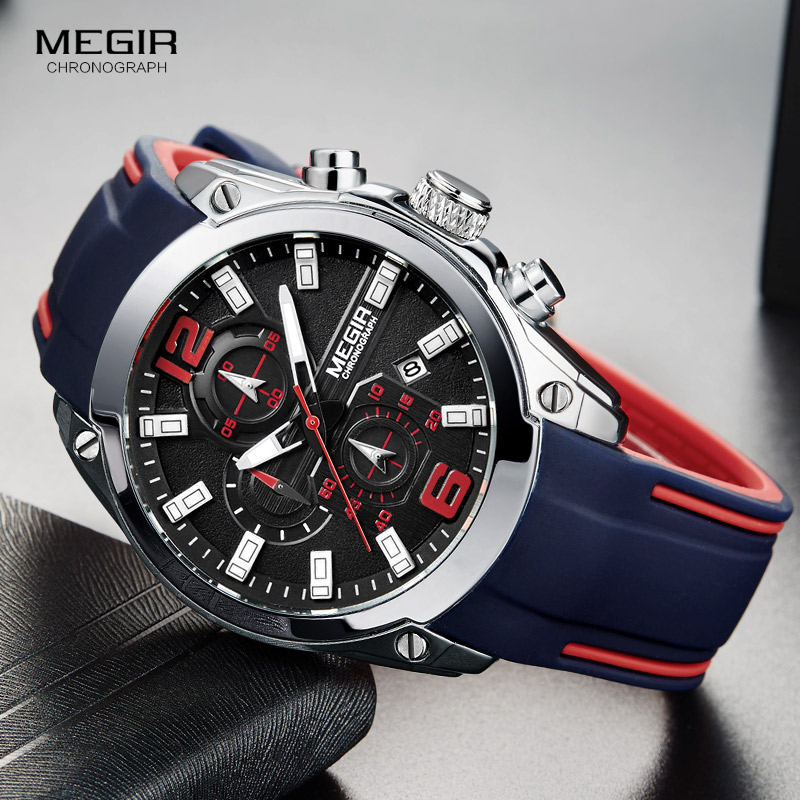 Silicone Sport Band - Megir 남성용 크로노그래프 아날로그 쿼츠 시계,